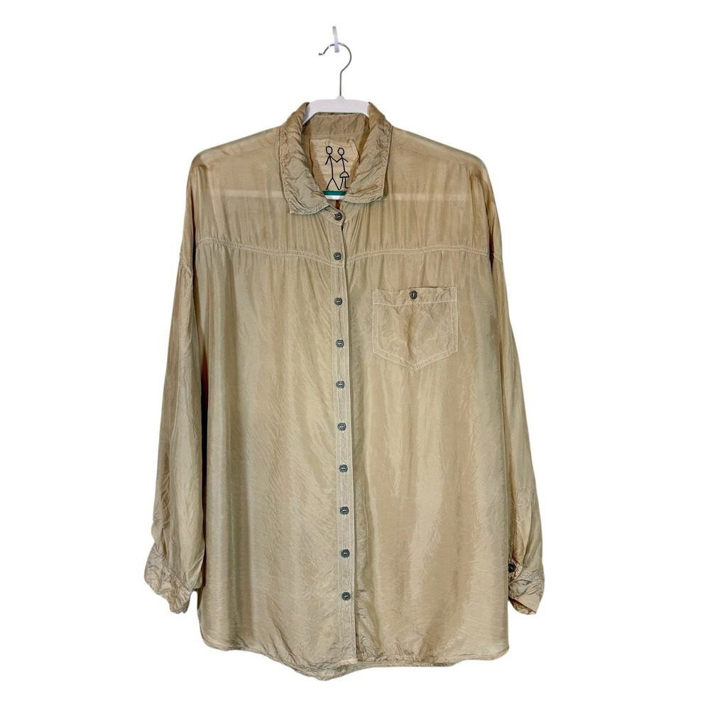 Pete & Greta Cupra Button Down Blouse Sz LG Long Roll Tab Sleeve Johnny Was Boho